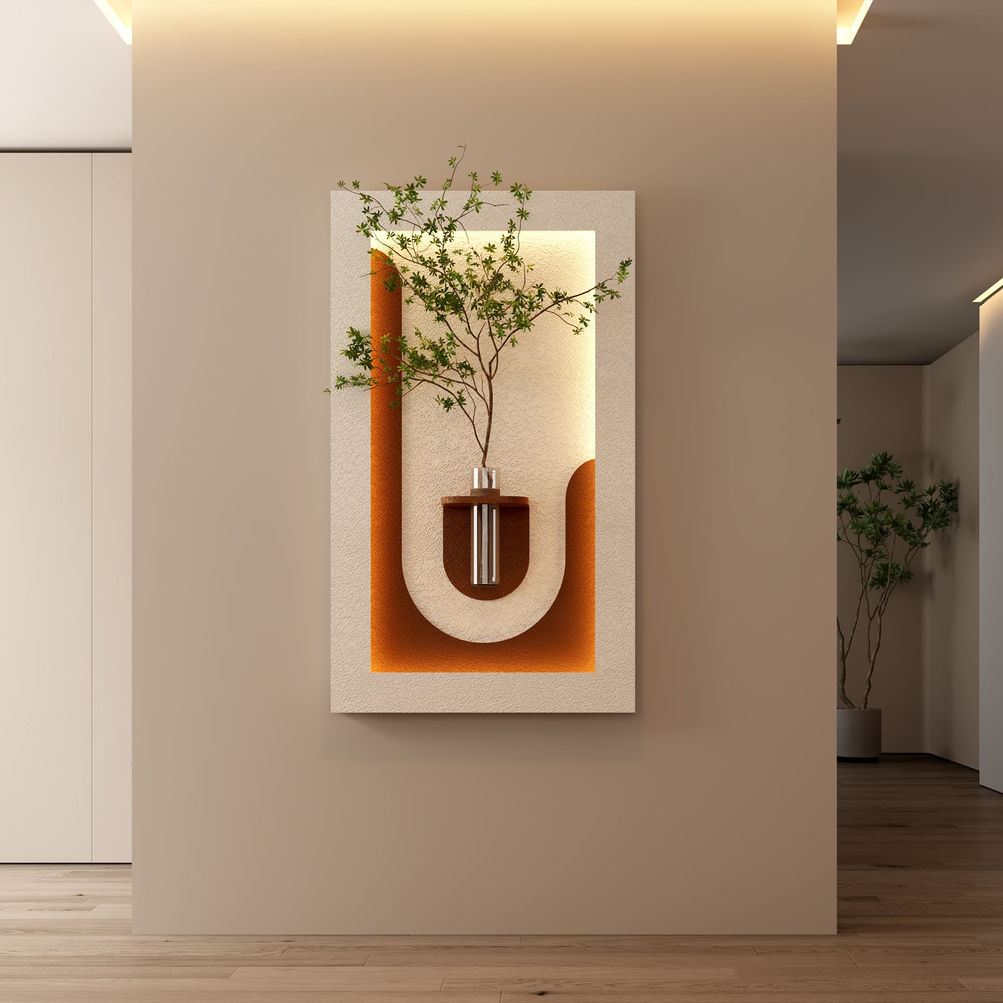 Chateau Abodes - LED 3D Sandstone Wall Decor with Glass Vase, Remote Control & Adjustable Color Lights for Living Room, Bedroom - F - 23.62" x 41.34"