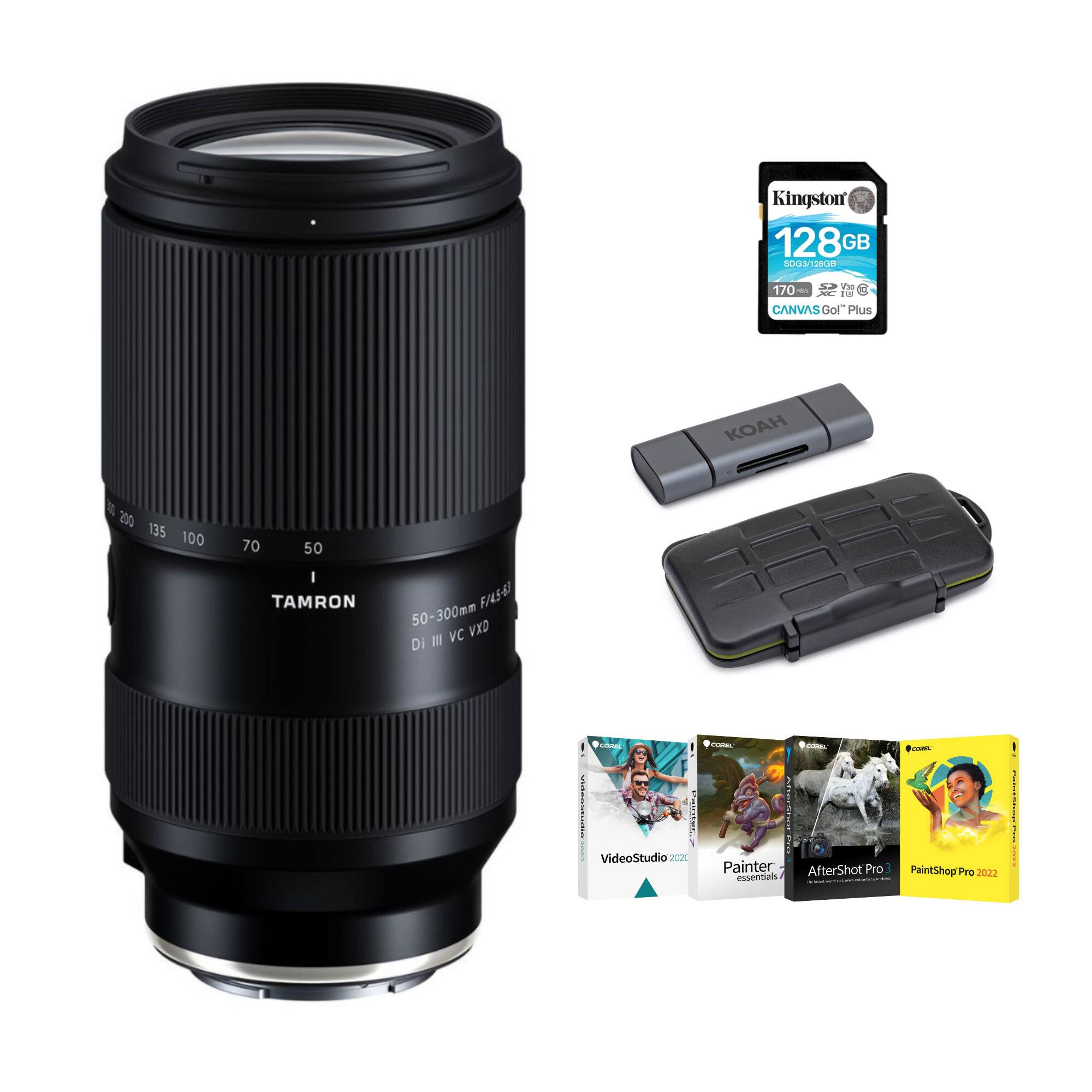Sure, here is the corrected and grouped text:

---

**Kingston**  
128GB  
SDHC/SDXC UHS-I  
170MB/s  
CANVAS Go! Plus  

**KOAH**  

**TAMRON**  
50-300mm F/4-6.3 Di III VC VXD  

**Software**  
- VideoStudio 2021  
- Painter essentials  
- AfterShot Pro  
- PaintShop Pro 2022  

---