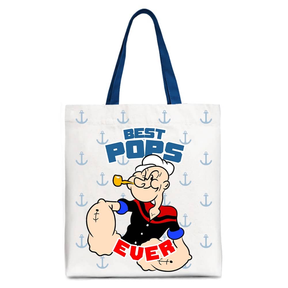 OrnamentallyYou - Best Pops Ever Canvas Tote Bag, Classic Popeye the Sailorman Dad Gift Bag for Fun and Strong Dads - White Navy