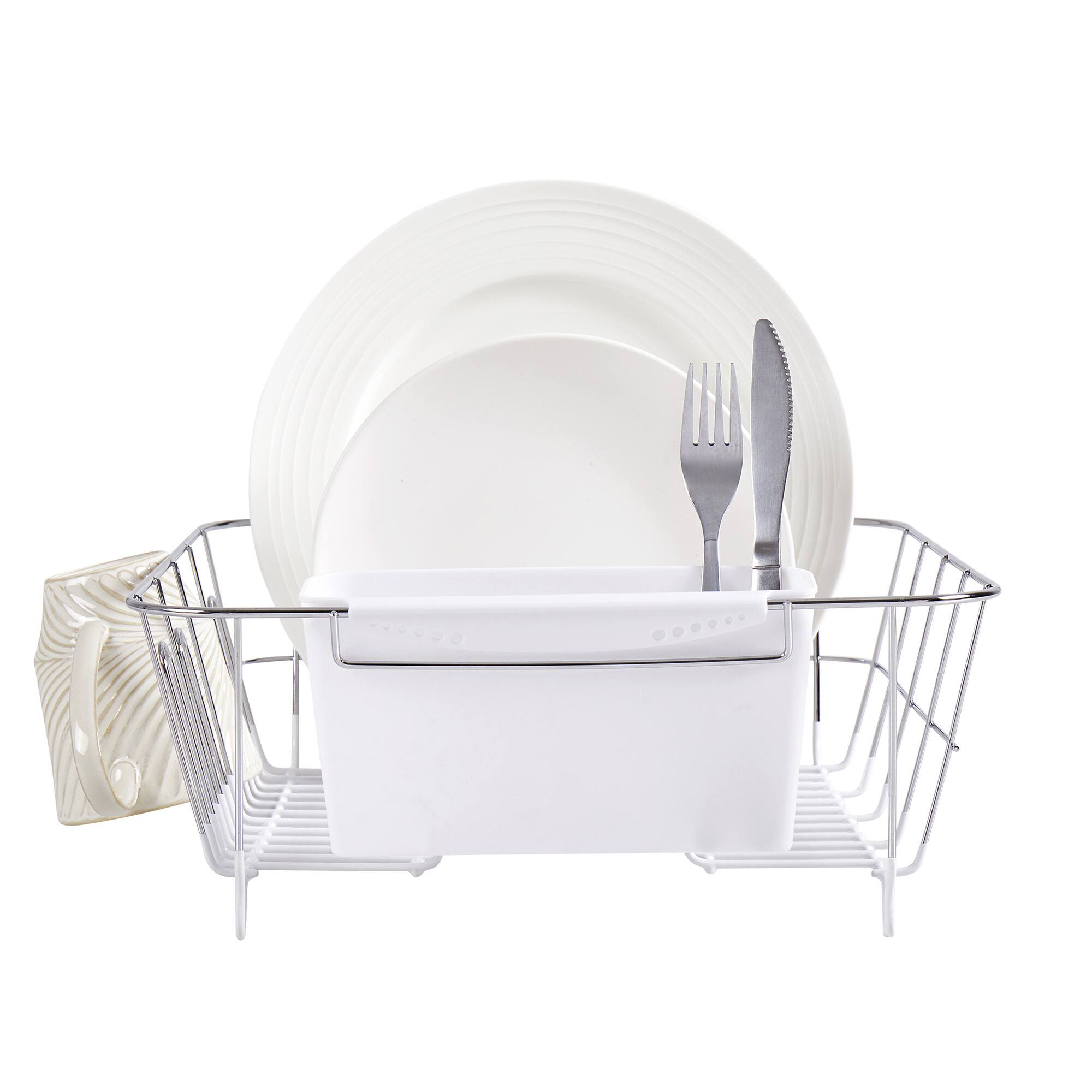 Angle. Sweet Home Collection - Chrome Plated Steel 2-Piece Small Compact Dish Drainer - White.