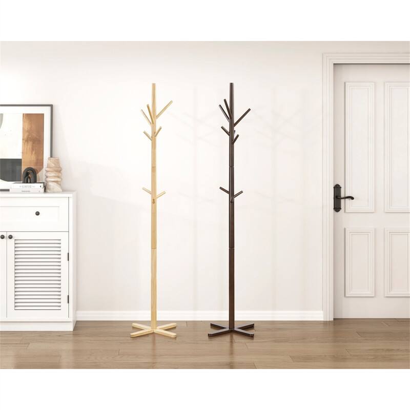 Back. ALEXOUN - Solid Wood Coat Rack - 9 Hooks Entryway Stand, Modern Home Furniture with X-Shaped Base, Rack for Small Space - Brown.