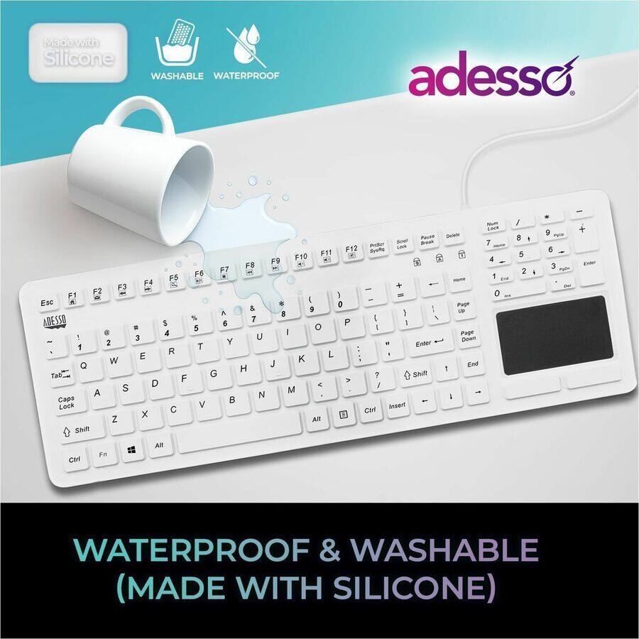 Made with Silicone  
WASHABLE WATERPROOF  

adesso  

F3 F2 - F1 Esc  ADESSO 6 . - 2 1 W Q Tab S A Caps Lock Z Shift F5 F4  1 $ - 4 3 R E F D C x Nom dce Pause Deteite Bonul Break 7 Pridur LINE -m F12 Zyomg F11 ie F10  & F9 - - F8 a F7 - F6 1  nAma BE + - ) - 0  - . 0 Page & 9 U A 8 I % 7 I 6 P 1 5 o I I Page U Down Y   T Enter . L - K  J End H  G 7 Shift V V / M - N I  - V Insert Ctr Alt / 8 1 5 2 I a 9 PUlle 6 3 Pyle - + Enter Ctrl Fn Ailt WATERPROOF & WASHABLE (MADE WITH SILICONE)