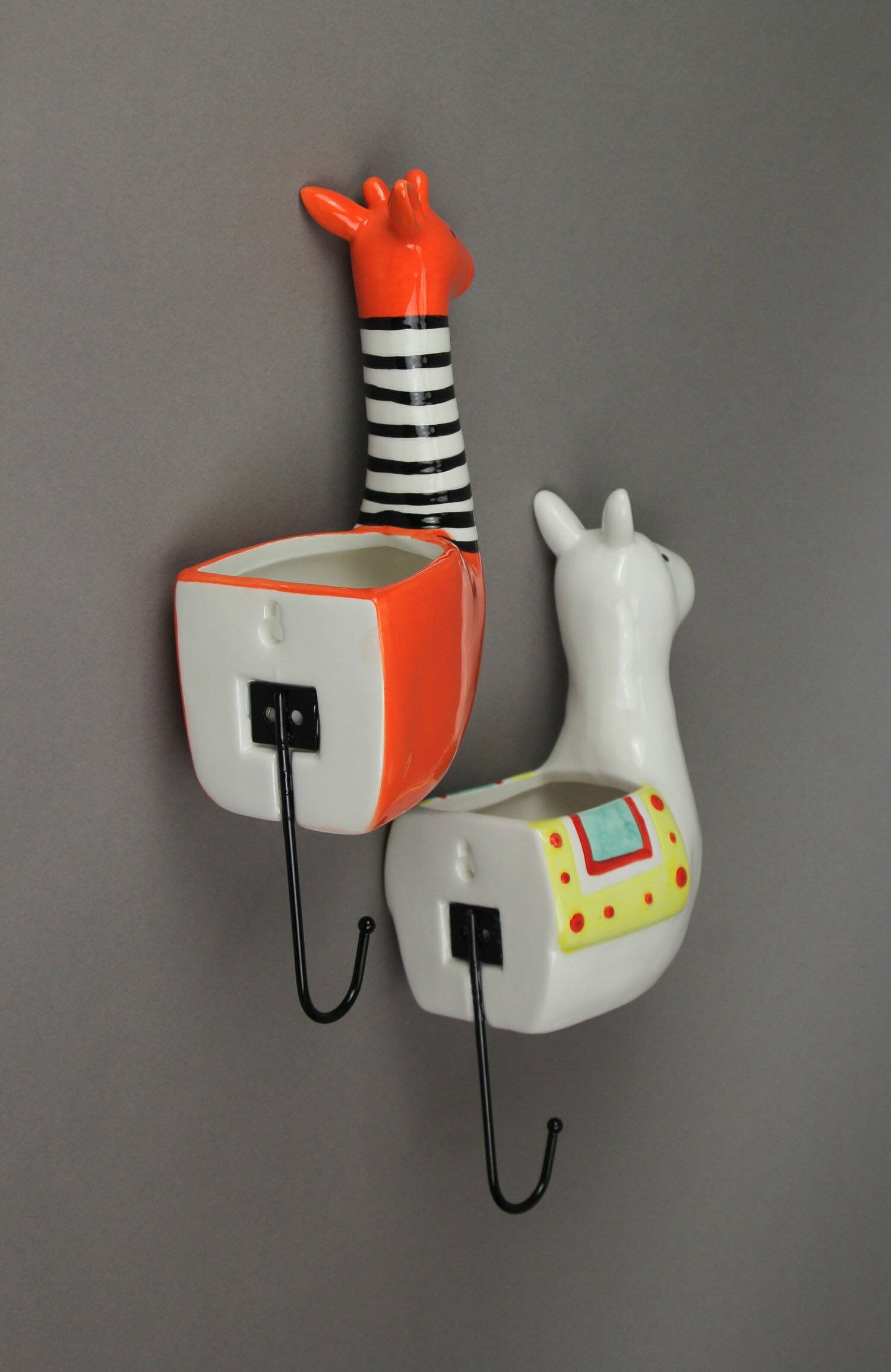 Alt View 3. Transpac - Set of 2 Llama & Giraffe Ceramic Wall Hanging Succulent Planters Decorative Pots - Multicolored.