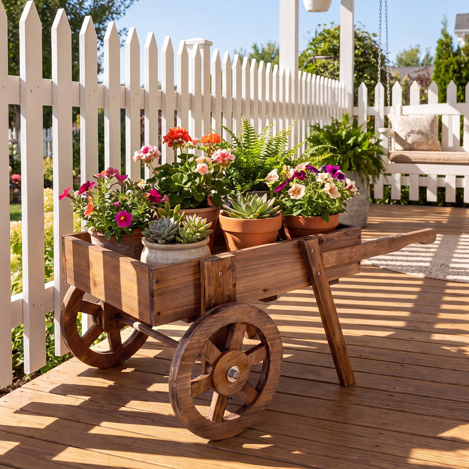 Alt View 3. Costway - Costway Wooden Wagon Planter with Wheels, Carbonized Fir Wood Frame, Handle for Patio - Rustic Brown.