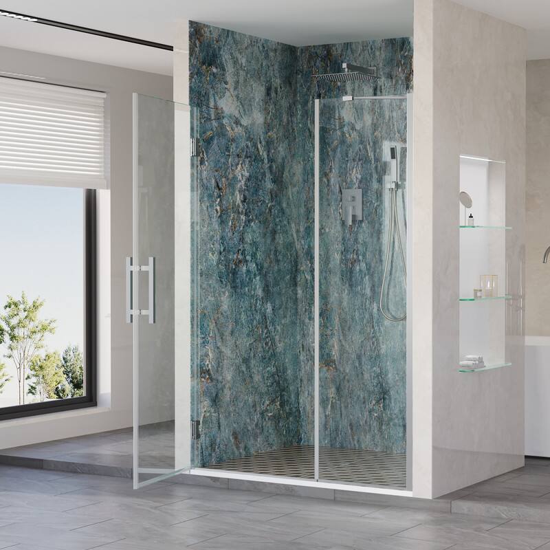 Left. WELLFOR - 49–50 in. W x 72 in. H Frameless Hinged Shower Door with 3/8" Clear Tempered Glass, Reversible Opening - Chrome.