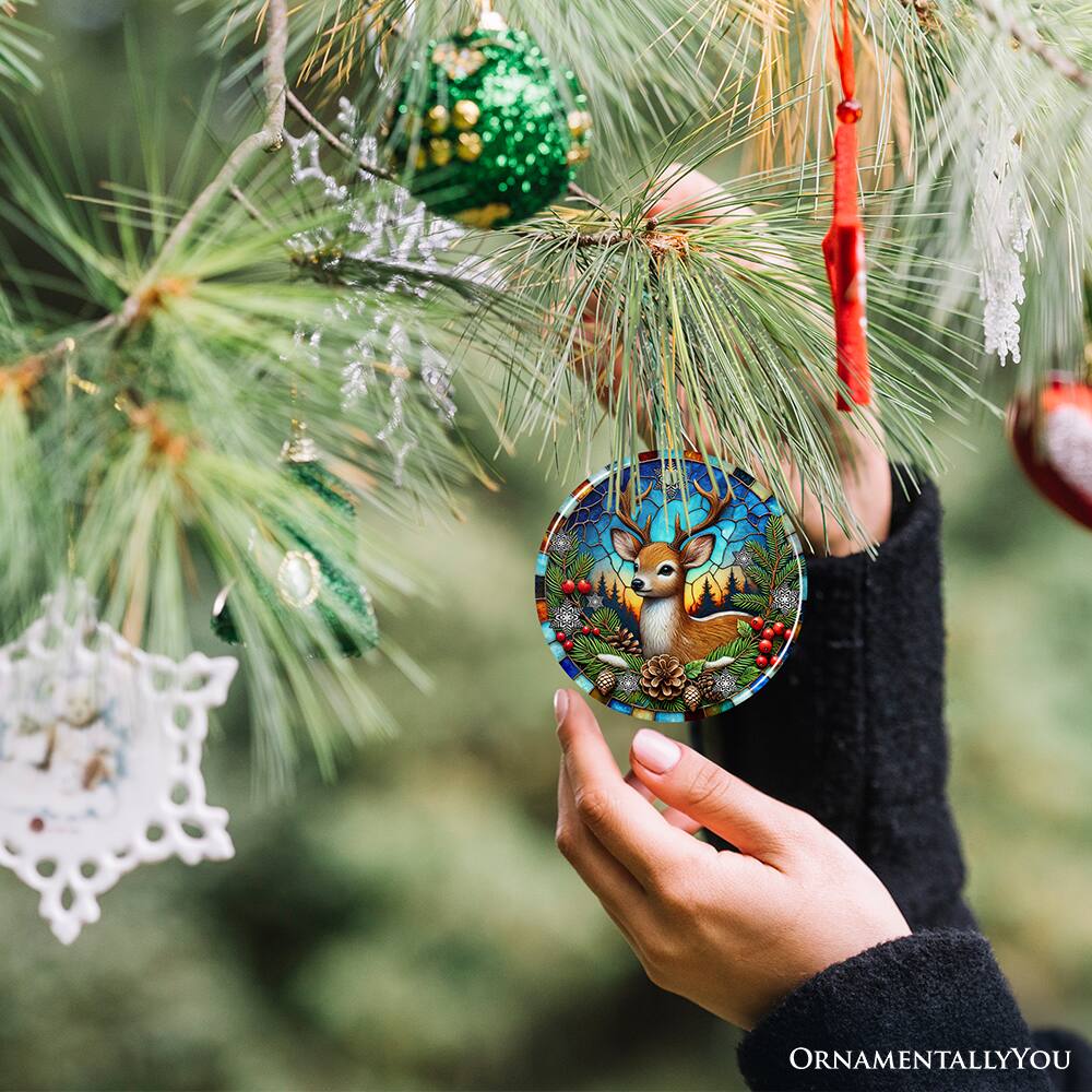 Alt View 1. OrnamentallyYou - Majestic Winter Deer in Holly Branches Ornament Enchanting Holiday Wonderland for Christmas Tree V2 - Multi-colored.