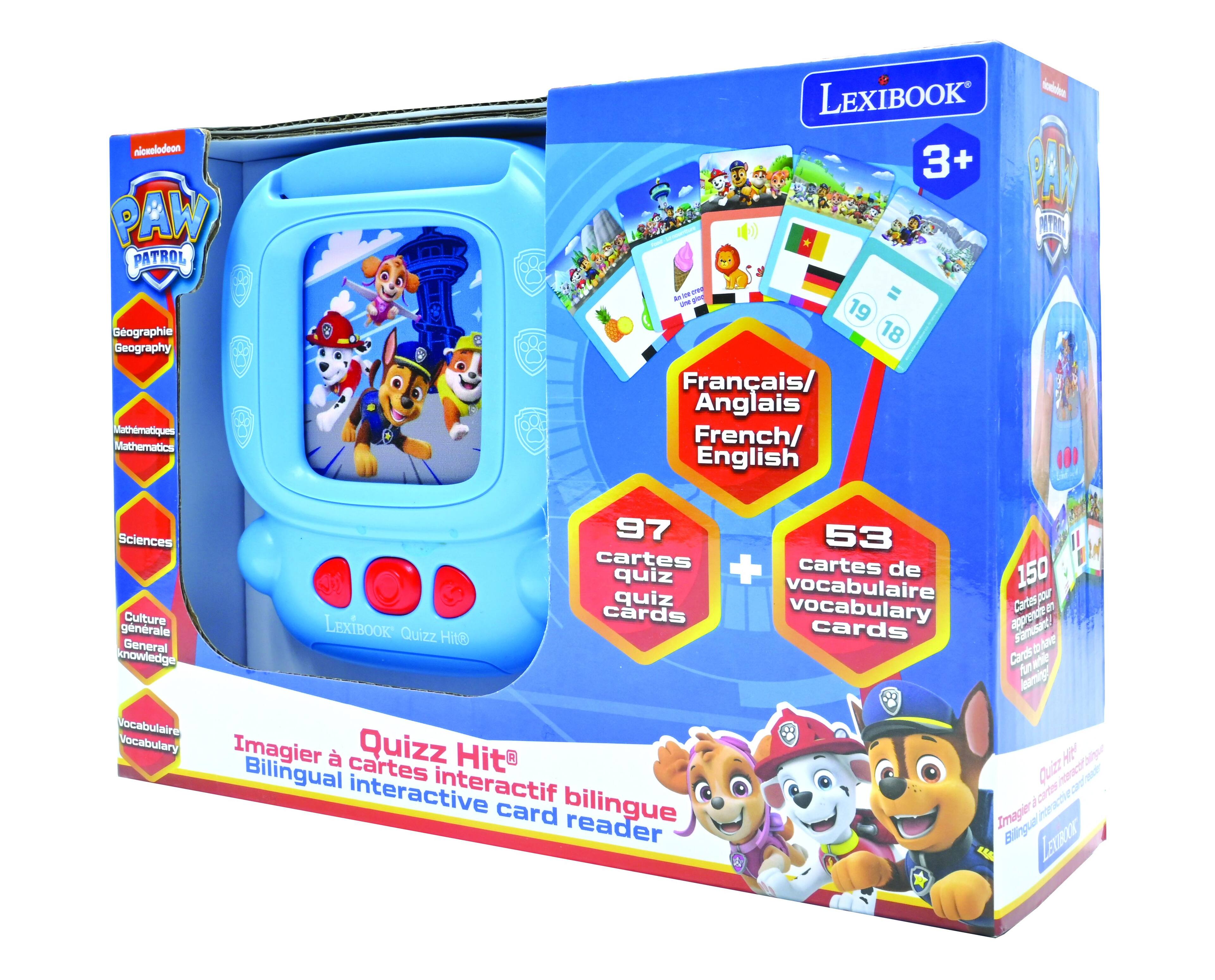 nicolodeon PAW PATROL LEXIBOOK -rles 3+ A Geographie Geography Mathmatiques Mathematics - . An - - 19 18 Franais/ Anglais French/ English 101 Sciences 97 53 cartes + cartes de quiz vocabulaire 150 quiz Cartss p vocabulary E Culture cards  gnrale LEXIBOOK Quizz HitD cards General Cards bAne  knowledge ae fm lesamng Vocabulaire Vocabulary Imagier Quizz He  cartes Hit Bilingual interactif Quiz /draca interactive / crte card bilingue reader Imagier Bilnque LEUROT