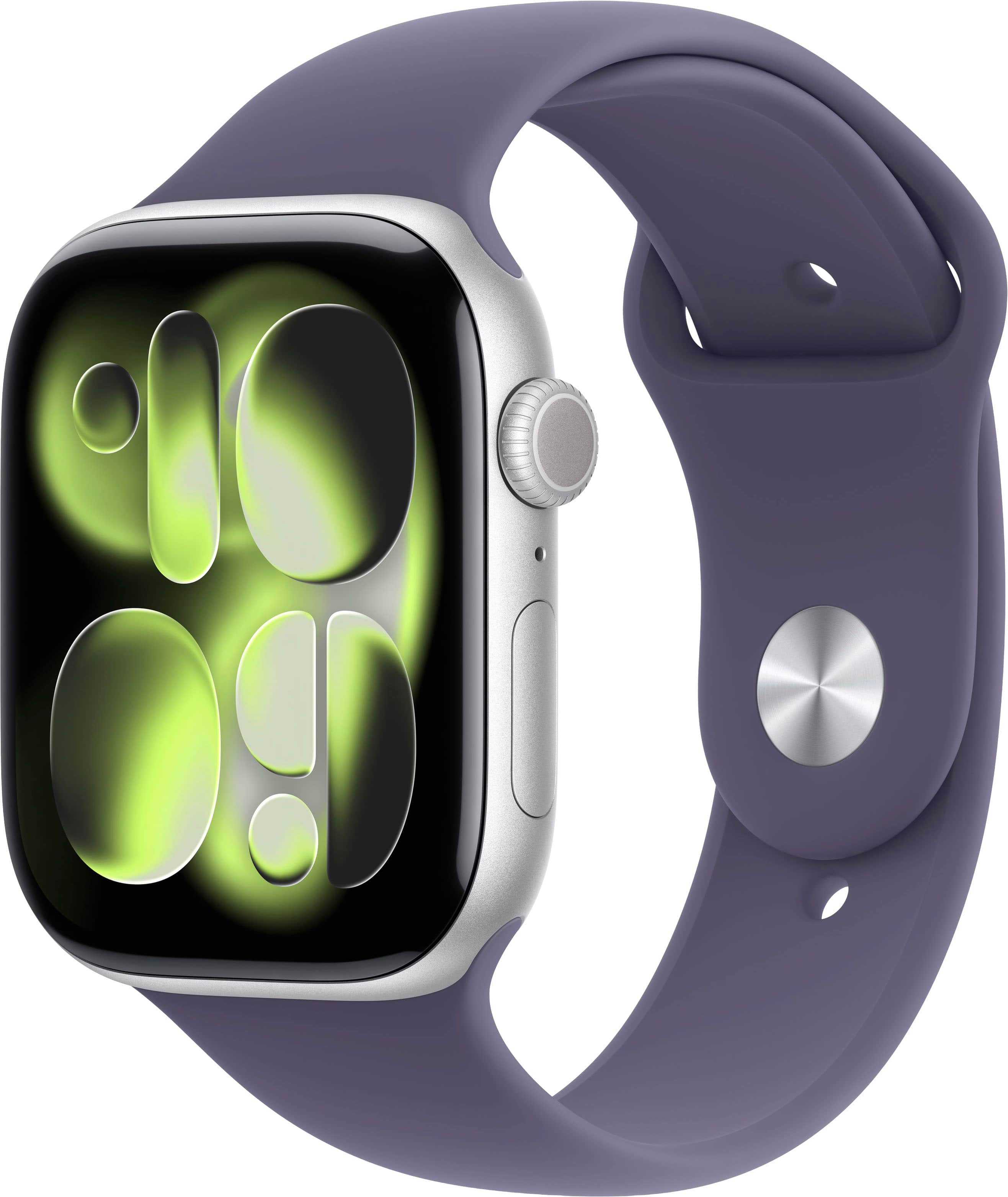 Front. Apple - Apple Watch Series 11 (GPS) 46mm Silver Aluminum Case with Purple Fog Sport Band - S/M - Silver.