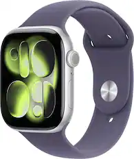 Front. Apple - Apple Watch Series 11 (GPS) 46mm Silver Aluminum Case with Purple Fog Sport Band - M/L - Silver.