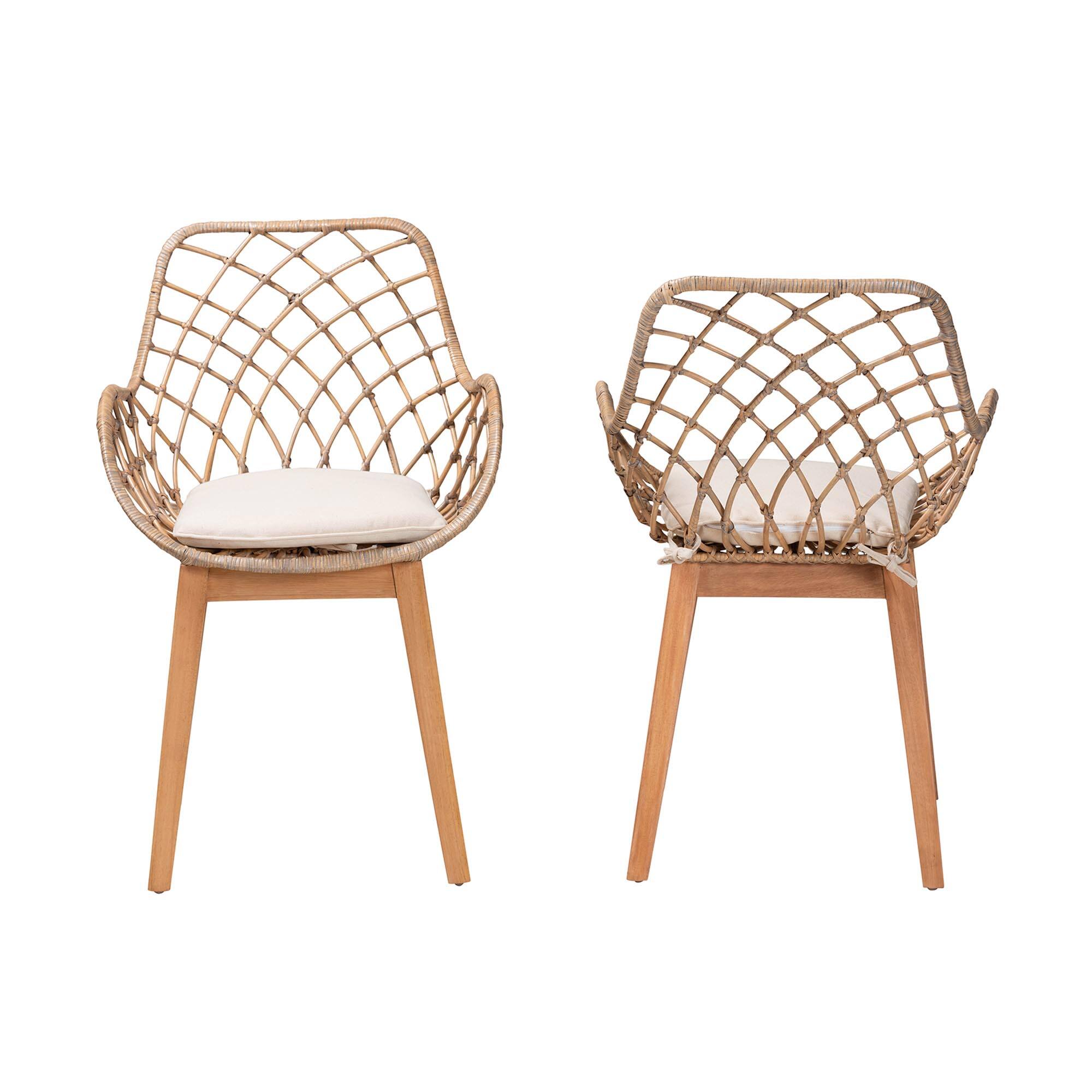 Angle. bali & pari - Ballerina Modern Bohemian Rattan and Finished Wood 2-Piece Dining Chair Set - Greywash/Natural Brown/White.