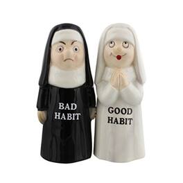Pacific Trading - Good Bad Habits Nun Pair 4 Inch Ceramic Magnetic Salt and Pepper Shaker Set - Multicolor