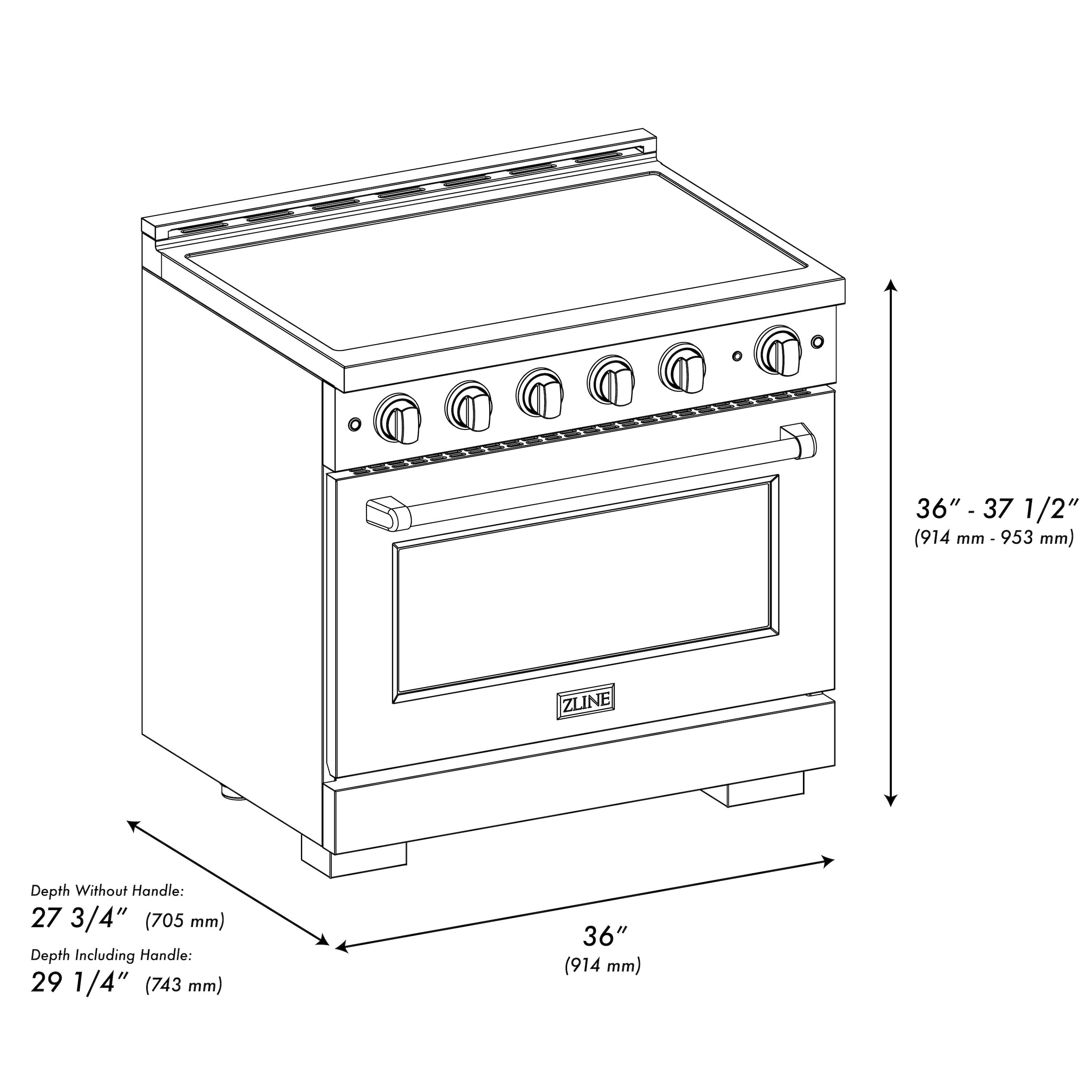 36" - 37 1/2" (914 mm - 953 mm)  
Depth Without Handle: 27 3/4" (705 mm)  
Depth Including Handle: 29 1/4" (743 mm)  
36" (914 mm)