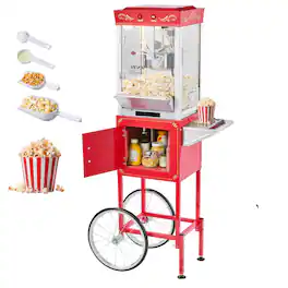 VEVOR - Popcorn Machine with Cart, 8oz Stainless Steel Kettle, 800W Commercial Popcorn Maker, 48 Cups per Batch Theater Style - Red