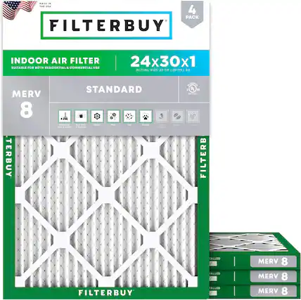 MADE IN THE USA
4 PACK FILTERBUY INDOOR AIR FILTER
SUITABLE FOR BOTH RESIDENTIAL & COMMERCIAL USE
24x30x1 ACTUAL SIZE: 25-7/8 x 29-7/8 x 3/4
MERV 8
STANDARD
FILTERBUY