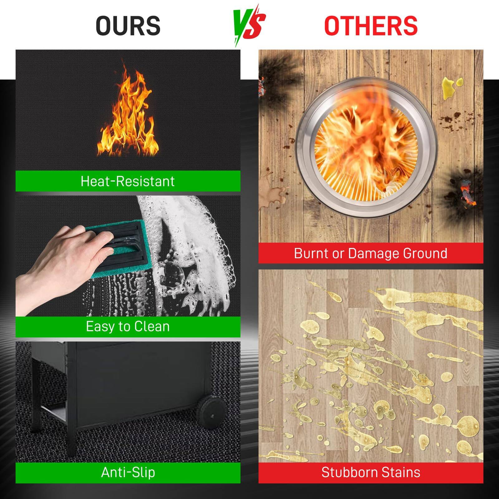 **OURS**

- Heat-Resistant
- Easy to Clean
- Anti-Slip

**VS**

**OTHERS**

- Burnt or Damage Ground
- Stubborn Stains