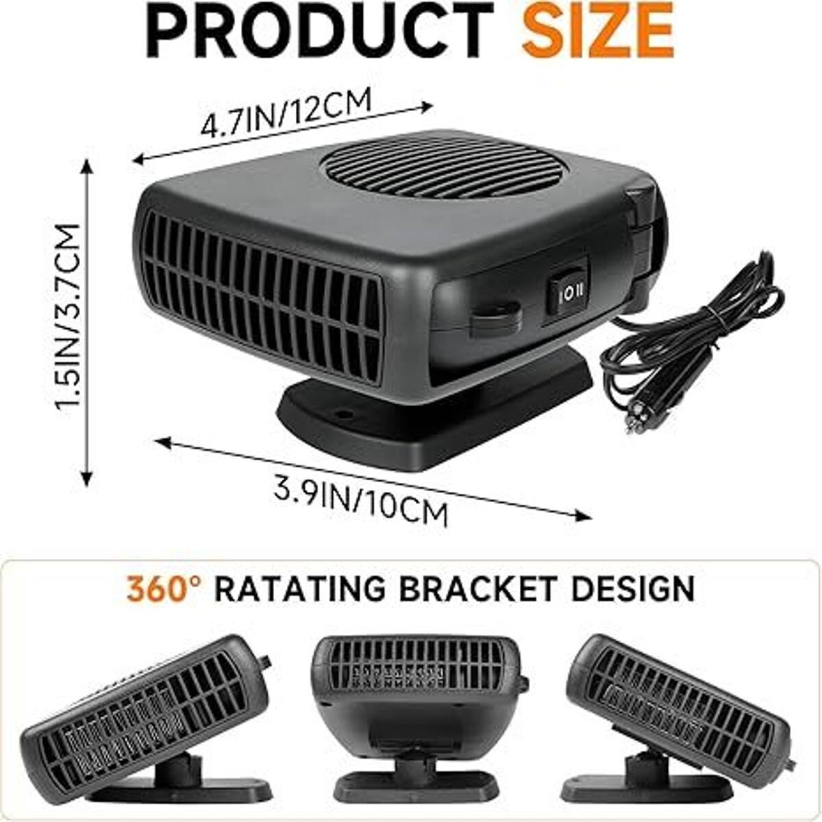PRODUCT SIZE  
4.7IN/12CM  
1.5IN/3.7CM  
3.9IN/10CM  
360° RATATING BRACKET DESIGN