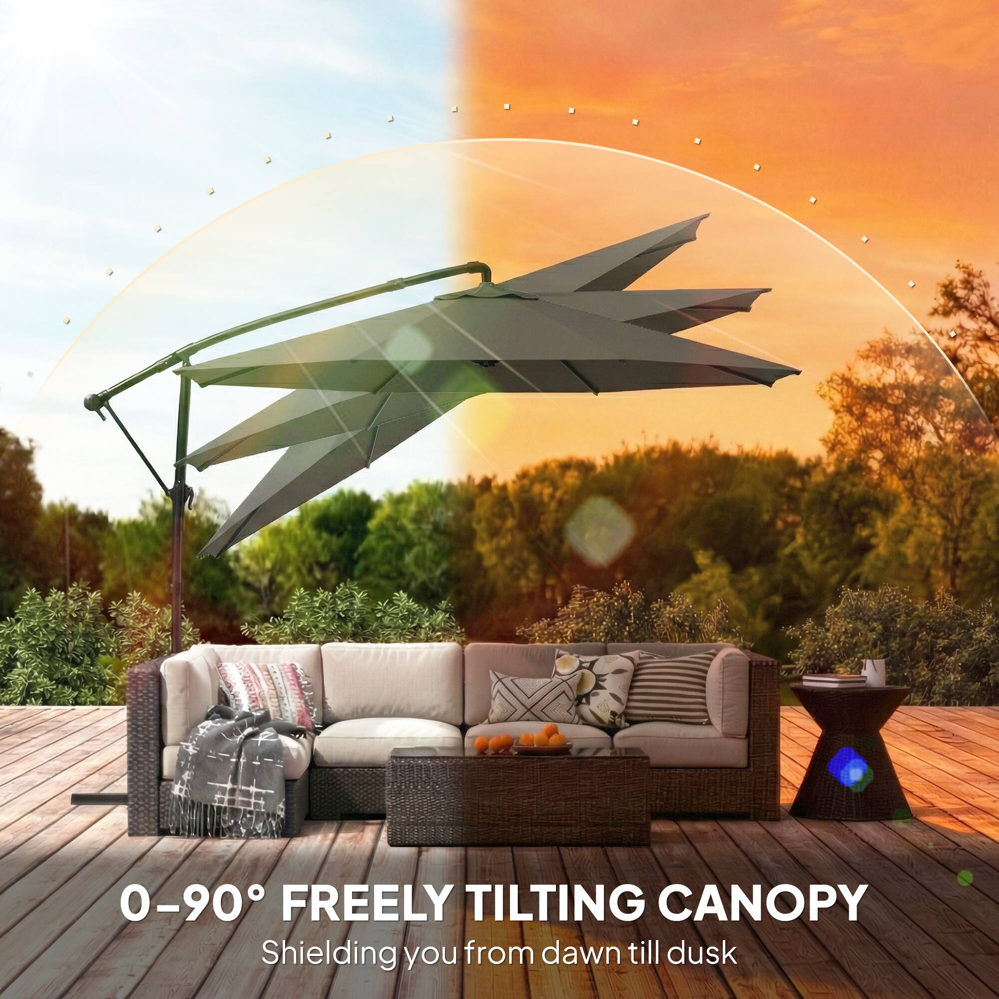 0-90° FREELY TILTING CANOPY  
Shielding you from dawn till dusk