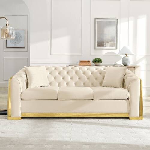 Angle. Anysun - 84" 3-Seat Velvet Chesterfield Sofa - Button Tufted, Gold Stainless Steel Trim, Mid-Century Modern with 2 Pillows - Beige.