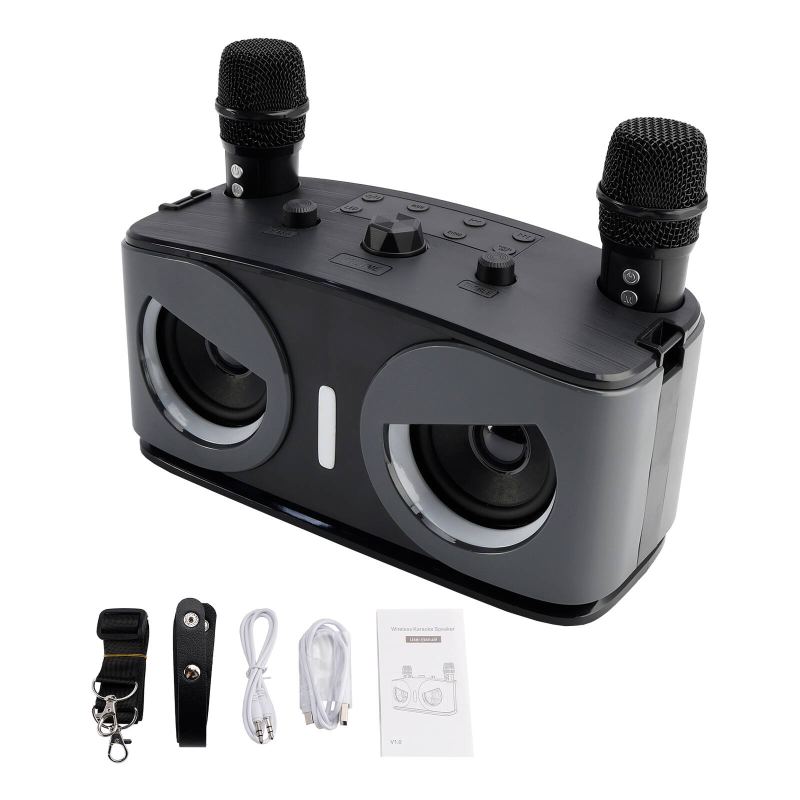 Topteng - 20W Bluetooth Karaoke Speaker with 2 Mics - BT 5.3, Home Theater Speaker, TF/AUX/U disk, 2400mAh Battery - Black