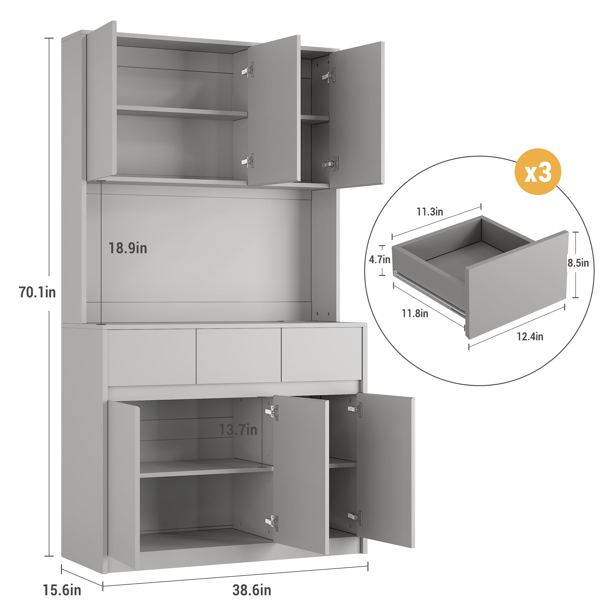 - Height: 70.1in
- Width: 38.6in
- Depth: 15.6in
- Top Cabinet Height: 18.9in
- Top Cabinet Depth: 11.8in
- Top Cabinet Width: 12.4in
- Middle Shelf Height: 13.7in
- Drawer (x3):
  - Height: 4.7in
  - Width: 11.3in
  - Depth: 8.5in