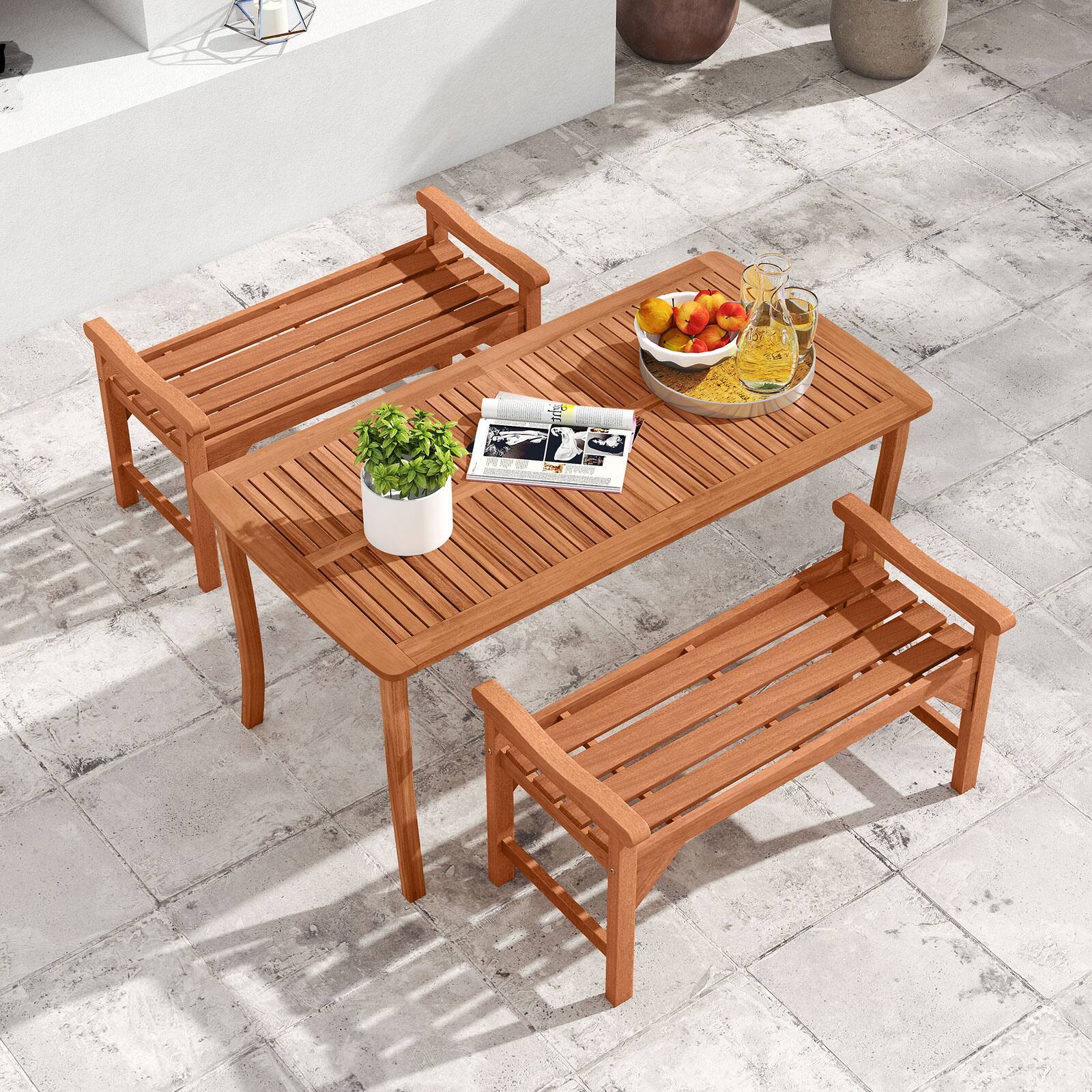 Alt View 4. Costway - Costway 2 PCS Solid Wood Backless Garden Bench with Support Handles & Curved Slatted Seat - Natural.