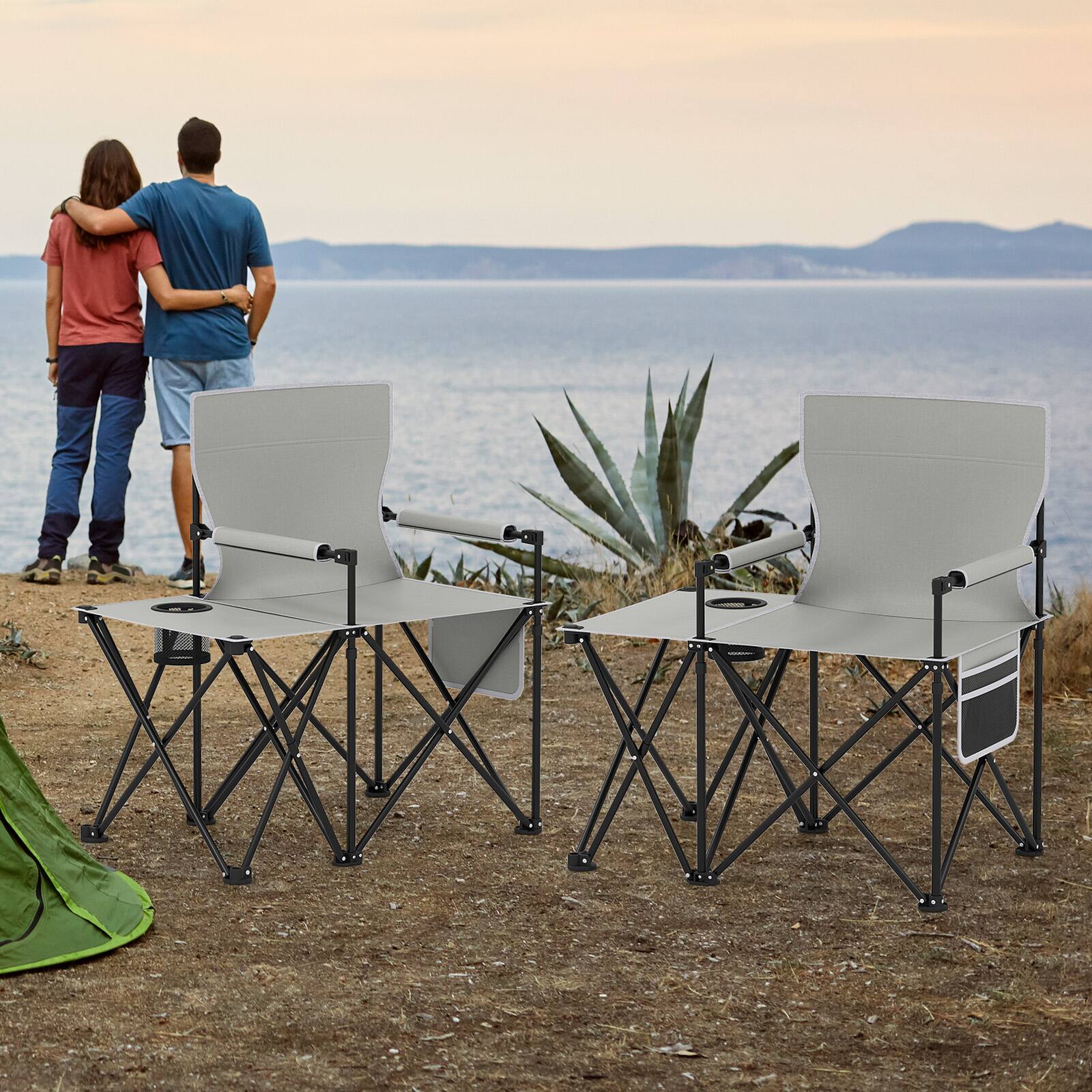 Alt View 9. Gymax - Gymax Oversized Camping Chair w/Side Table 2 Storage Pockets Cup Holder for Fishing Gray - Gray.