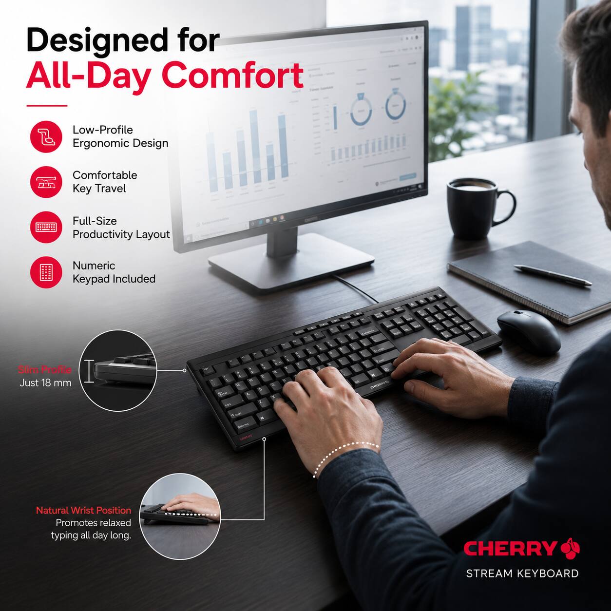 Designed for All-Day Comfort

- Low-Profile Ergonomic Design
- Comfortable Key Travel
- Full-Size Productivity Layout
- Numeric Keypad Included
- Slim Profile Just 18 mm
- Natural Wrist Position Promotes relaxed typing all day long

CHERRY STREAM KEYBOARD