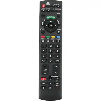 - HC
- INPUT
- TV AV
- ASPECT OFF TIMER
- DIRECTV REC
- EXIT
- VIERA TOOLS
- MENU
- OK
- RETURN
- OPTION
- TEXT
- F.P.
- INDEX
- HOLD
- 1 2 3 4 5 6 7 8 9 0 0O
- PROGRAMME
- REC
- VIERA LINK