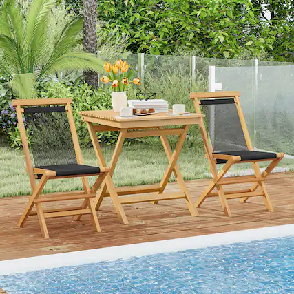 Front. Gymax - Gymax 3-Piece Patio Bistro Set Teak Wood Square Coffee Table & Folding Chairs Set of 2 - Natural.