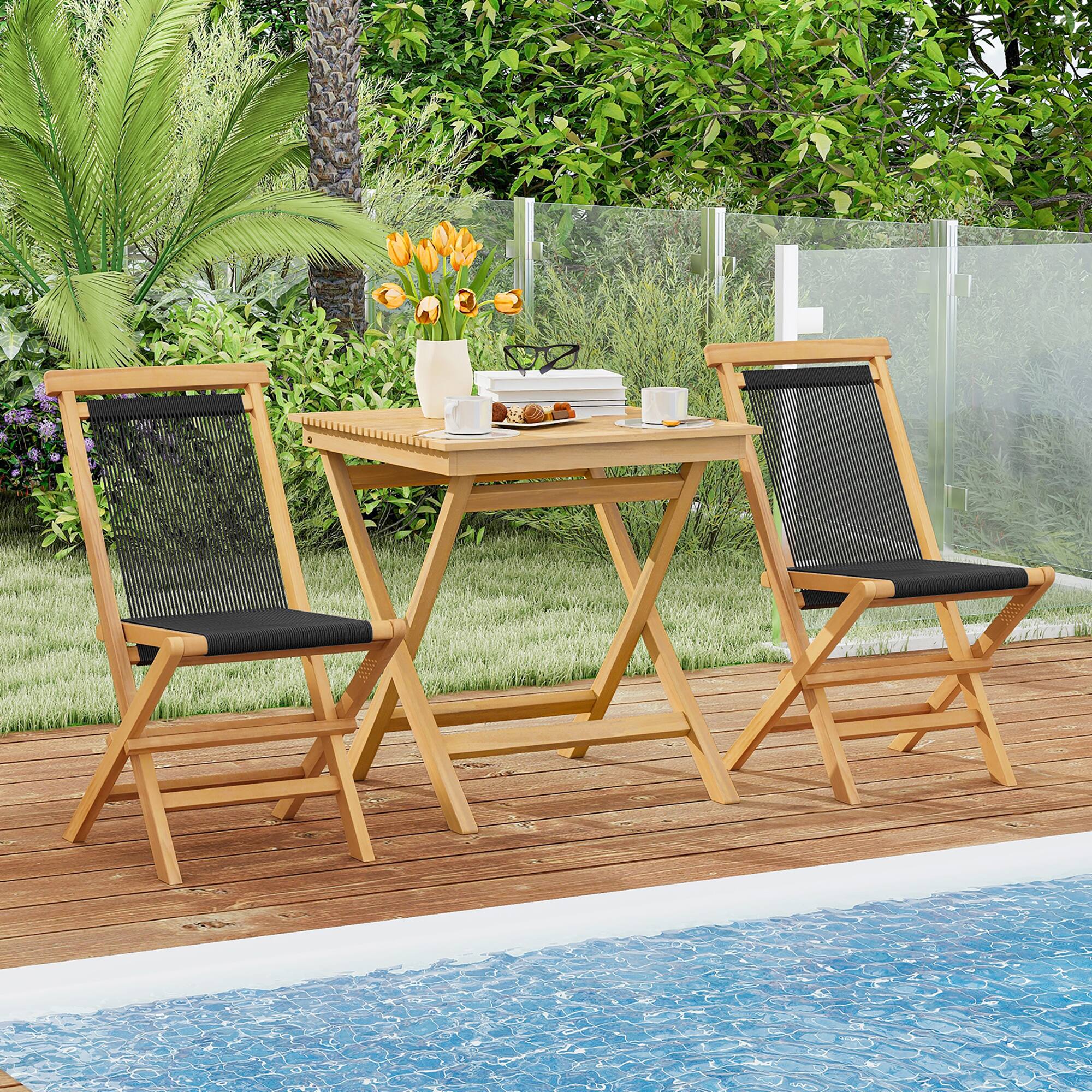 Front. Gymax - Gymax 3-Piece Patio Bistro Set Teak Wood Square Coffee Table & Folding Chairs Set of 2 - Natural.