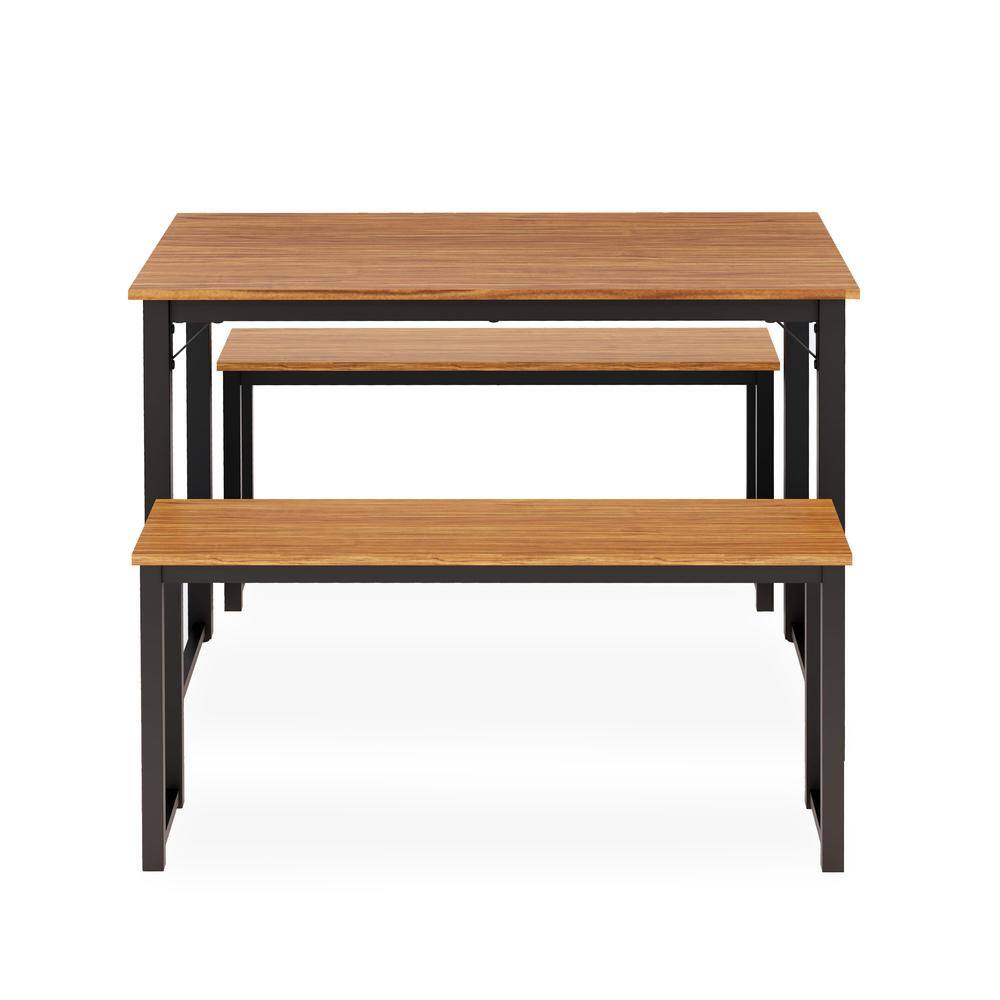 Alt View 2. East West Furniture - Parmer 3 Pc Kitchen Set - 1 Modern Dining Table and 2 Mid Century Benches in Powder Coating Black Color and Brown Wood - Brown.