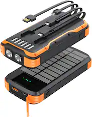 Front. Core Tech - 40000mAh Solar Power Bank with 20W PD Fast Charging, Built-in Cables & Flashlight - Black.