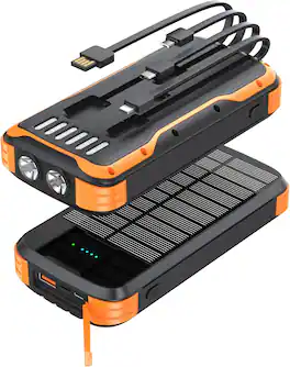 Core Tech - 40000mAh Solar Power Bank with 20W PD Fast Charging, Built-in Cables & Flashlight - Black