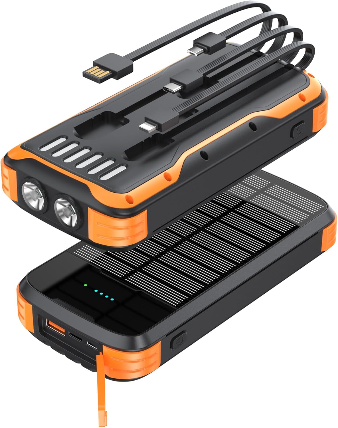 Front. Core Tech - 40000mAh Solar Power Bank with 20W PD Fast Charging, Built-in Cables & Flashlight - Black.