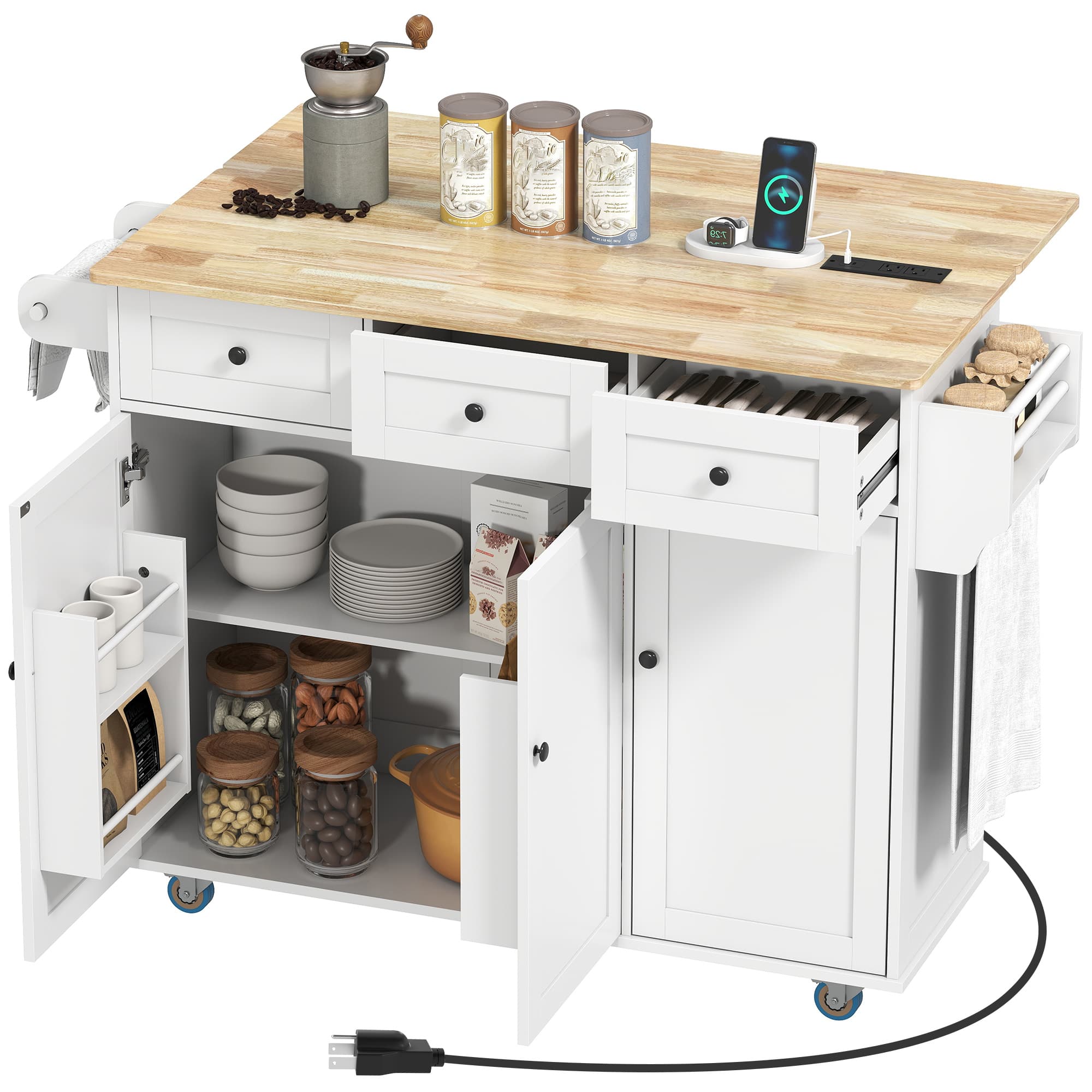 Front. Homcom - Island on Wheels with Drop Leaf, Charging Station, Rolling Kitchen Cart with Wood Top - White.