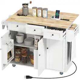 Homcom - Island on Wheels with Drop Leaf, Charging Station, Rolling Kitchen Cart with Wood Top - White