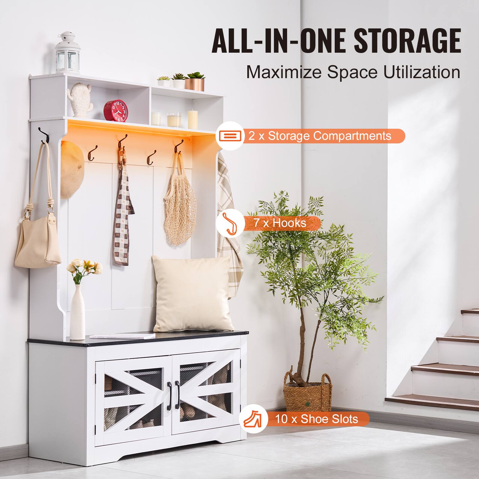 ALL-IN-ONE STORAGE  
Maximize Space Utilization  

1) 2 x Storage Compartments  
2) 7 x Hooks  
3) 10 x Shoe Slots
