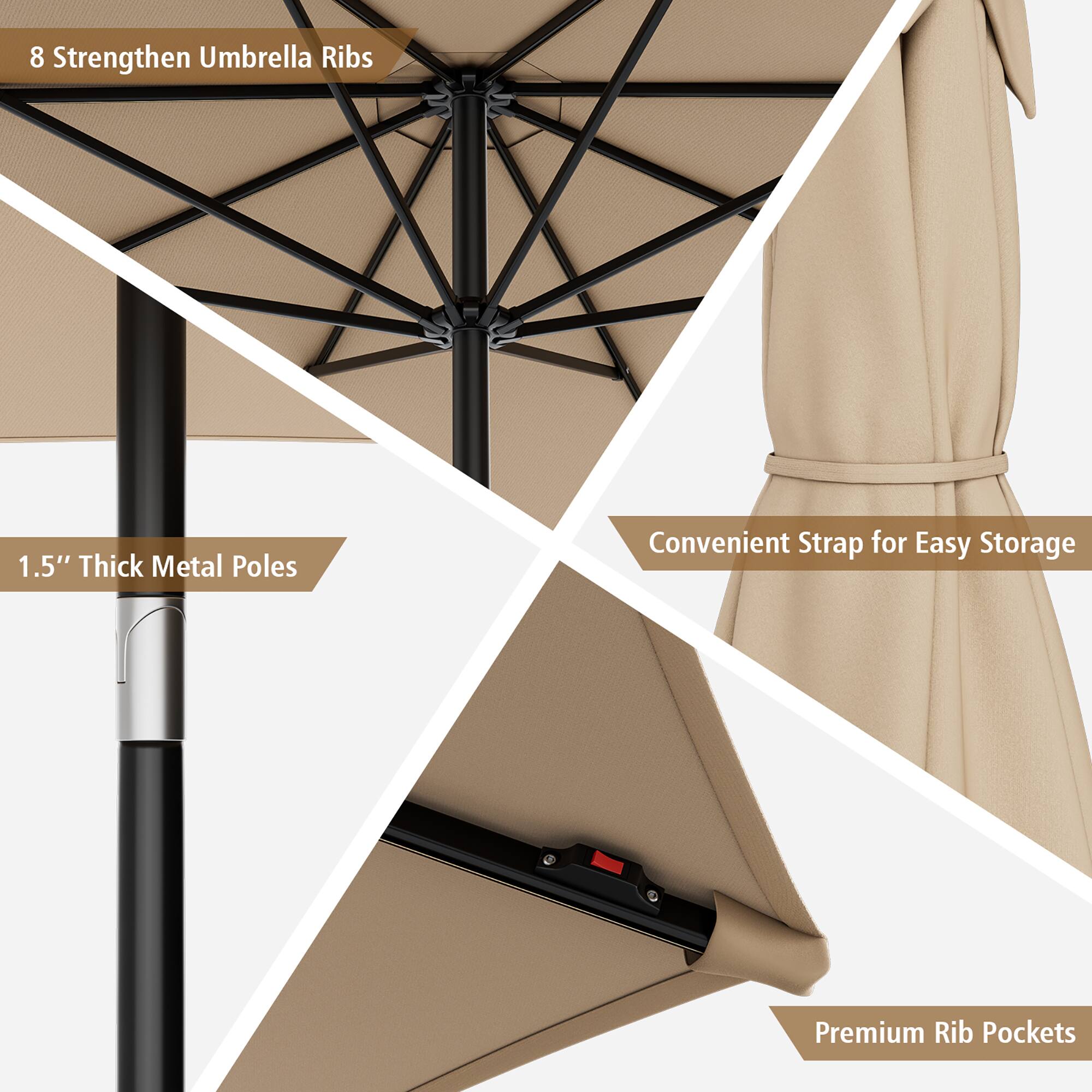 8 Strengthen Umbrella Ribs, 1.5" Thick Metal Poles, Convenient Strap for Easy Storage, Premium Rib Pockets