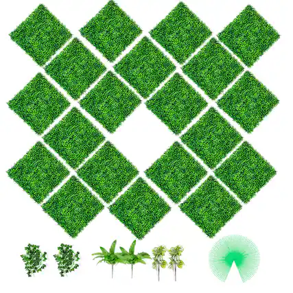 Front. VEVOR - Artificial Boxwood Panels, 20 PCS 20\"x20\" Boxwood Hedge Wall Panels, PE Artificial Grass Backdrop Wall 1.6\" - Green.