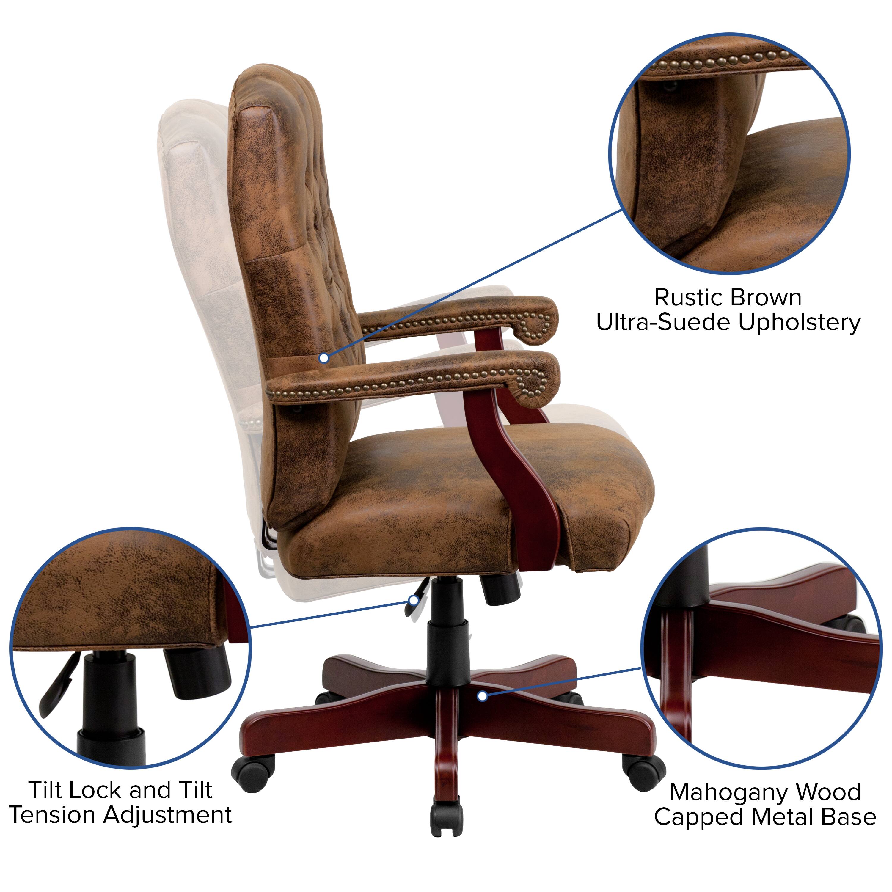 Rustic Brown Ultra-Suede Upholstery  
Tilt Lock and Tilt Tension Adjustment  
Mahogany Wood Capped Metal Base