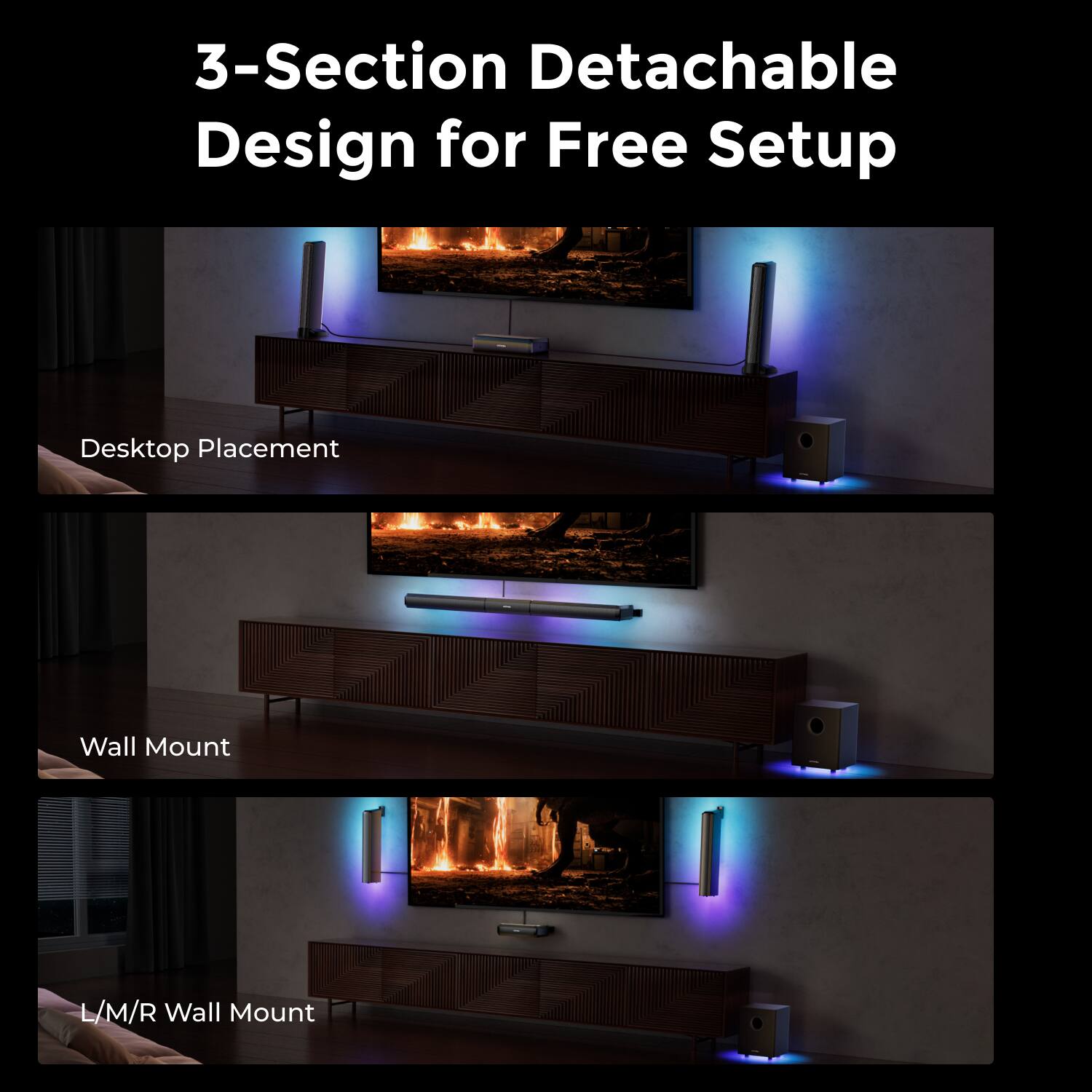 3-Section Detachable Design for Free Setup

Desktop Placement

Wall Mount

L/M/R Wall Mount