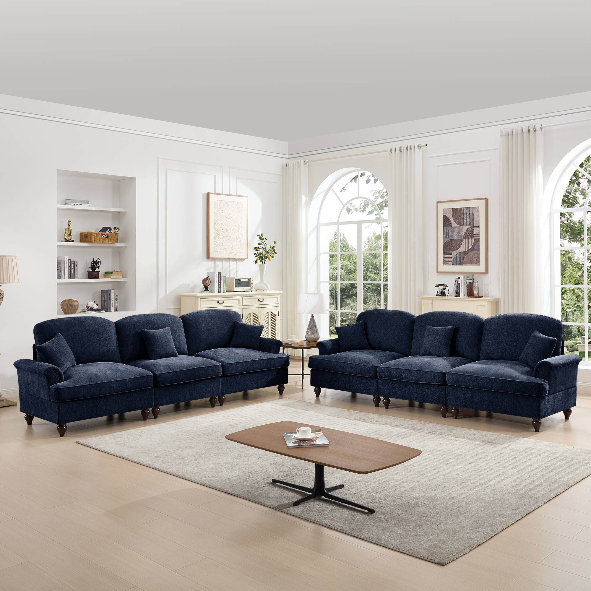 Angle. Anysun - Classic 2-Piece Chenille Sofa Set (3+3 Seat Sofa) - Flared Arms, Ruffled Skirt & Spindle Legs - Blue.