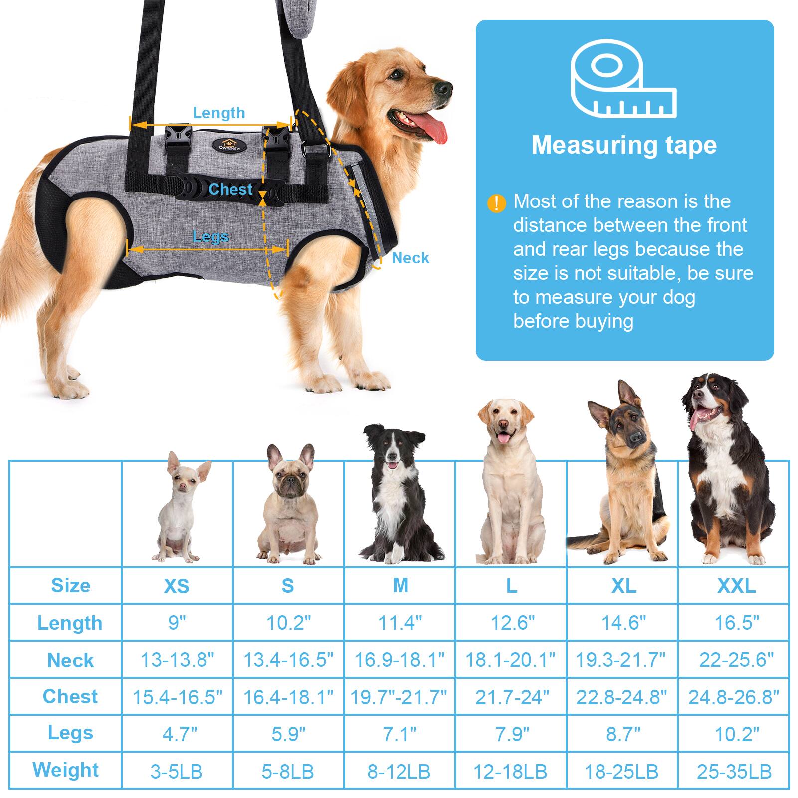 Length - Measuring tape Chest Legs Neck

Most of the reason is the distance between the front and rear legs because the size is not suitable, be sure to measure your dog before buying.

Size | Length | Neck | Chest | Legs | Weight
--- | --- | --- | --- | --- | ---
XS | 9" | 13-13.8" | 15.4-16.5" | 4.7" | 3-5LB
S | 10.2" | 13.4-16.5" | 16.4-18.1" | 5.9" | 5-8LB
M | 11.4" | 16.9-18.1" | 19.7-21.7" | 7.1" | 8-12LB
L | 12.6" | 18.1-20.1" | 21.7-24" | 7.9" | 12-18LB
XL | 14.6" | 19.3-21.7" | 22.8-24.8" | 8.7" | 18-25LB
XXL | 16.5" | 22-25.6" | 24.8-26.8" | 10.2" | 25-35LB