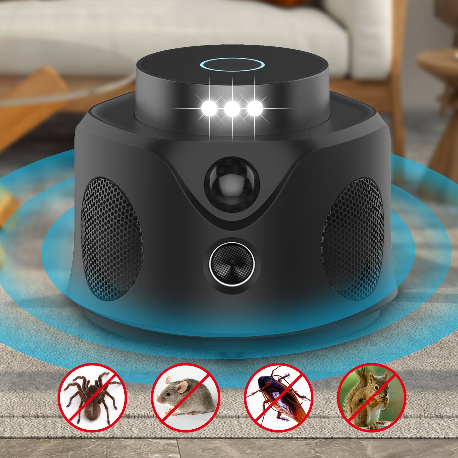 Angle. Yardgrace - 360° Protection Ultrasonic Mouse Repeller, Repels Mice Rats Squirrels, 2-Pack for Home Garage Kitchen, No Poisons - Black.