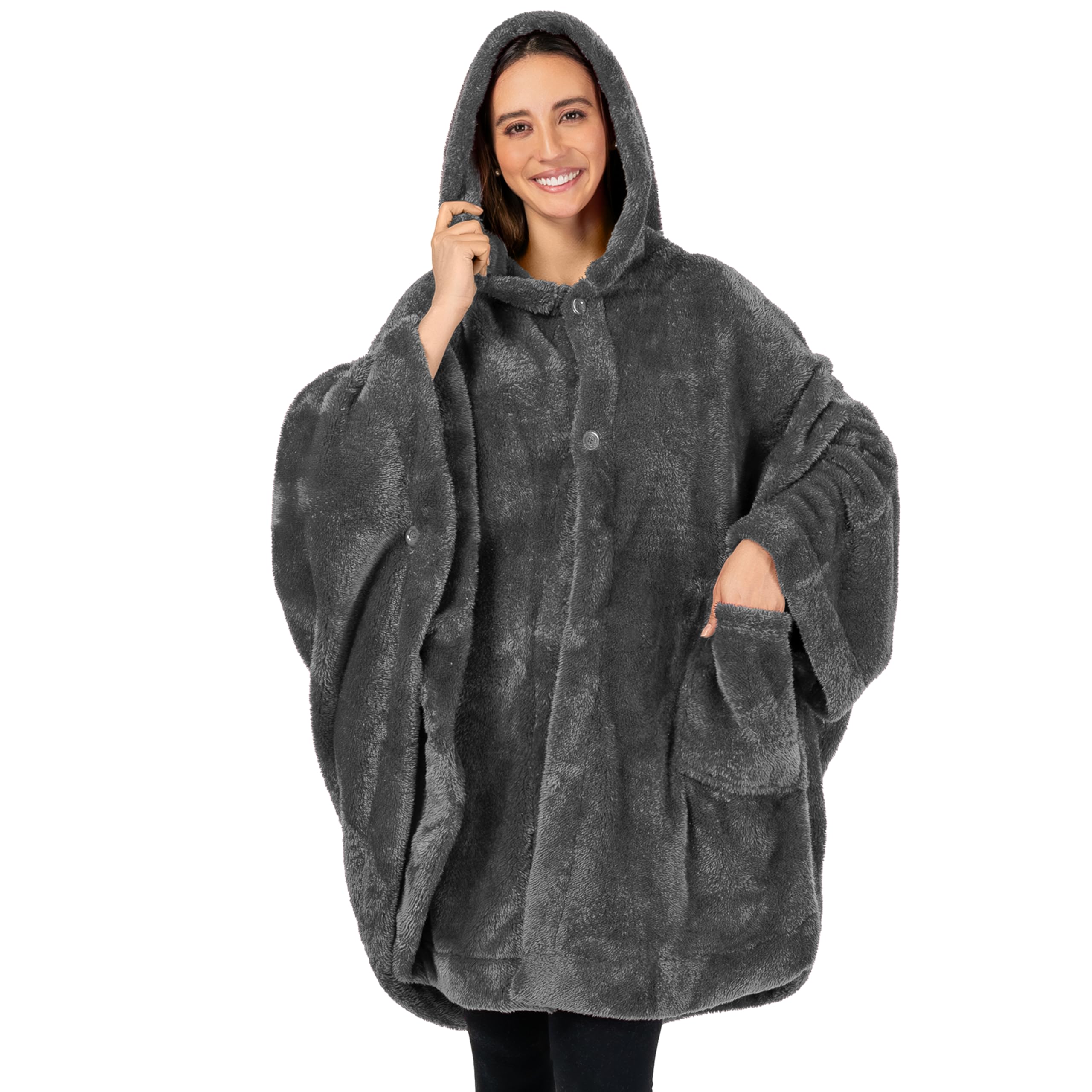 Alt View 1. Paradigms Interiors - Angel Wrap Hooded Blanket Poncho Wearable Throw For Women Adult Cozy Fluffy Sherpa Shawl Cape WEARABLE BLAN... - Black.