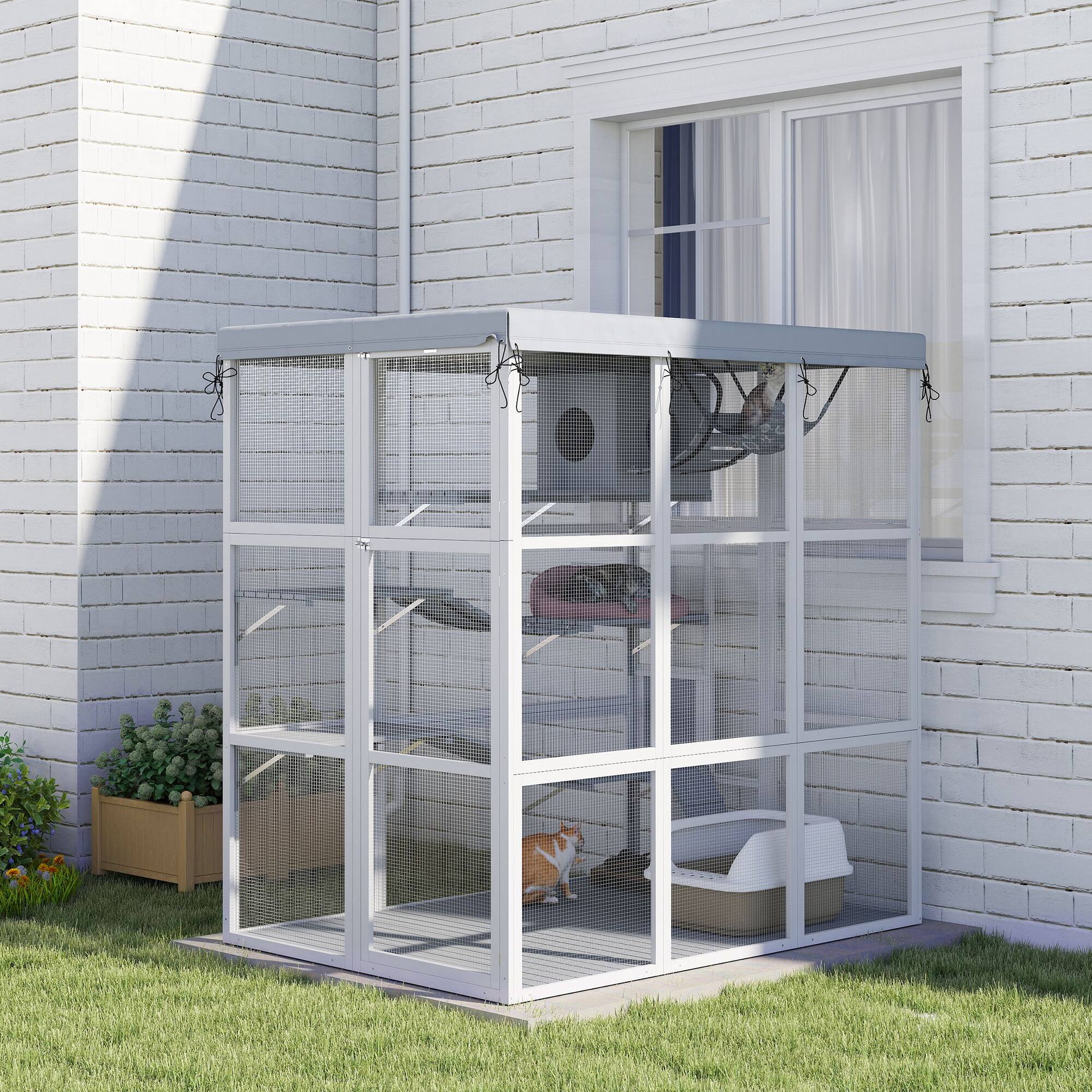 Alt View 5. Pawhut - Catio Outdoor Enclosure, Luxury, Hammock, Jump Platforms, Ladders, Ramps, Tarp, for 2-4 Large Cats, 71".