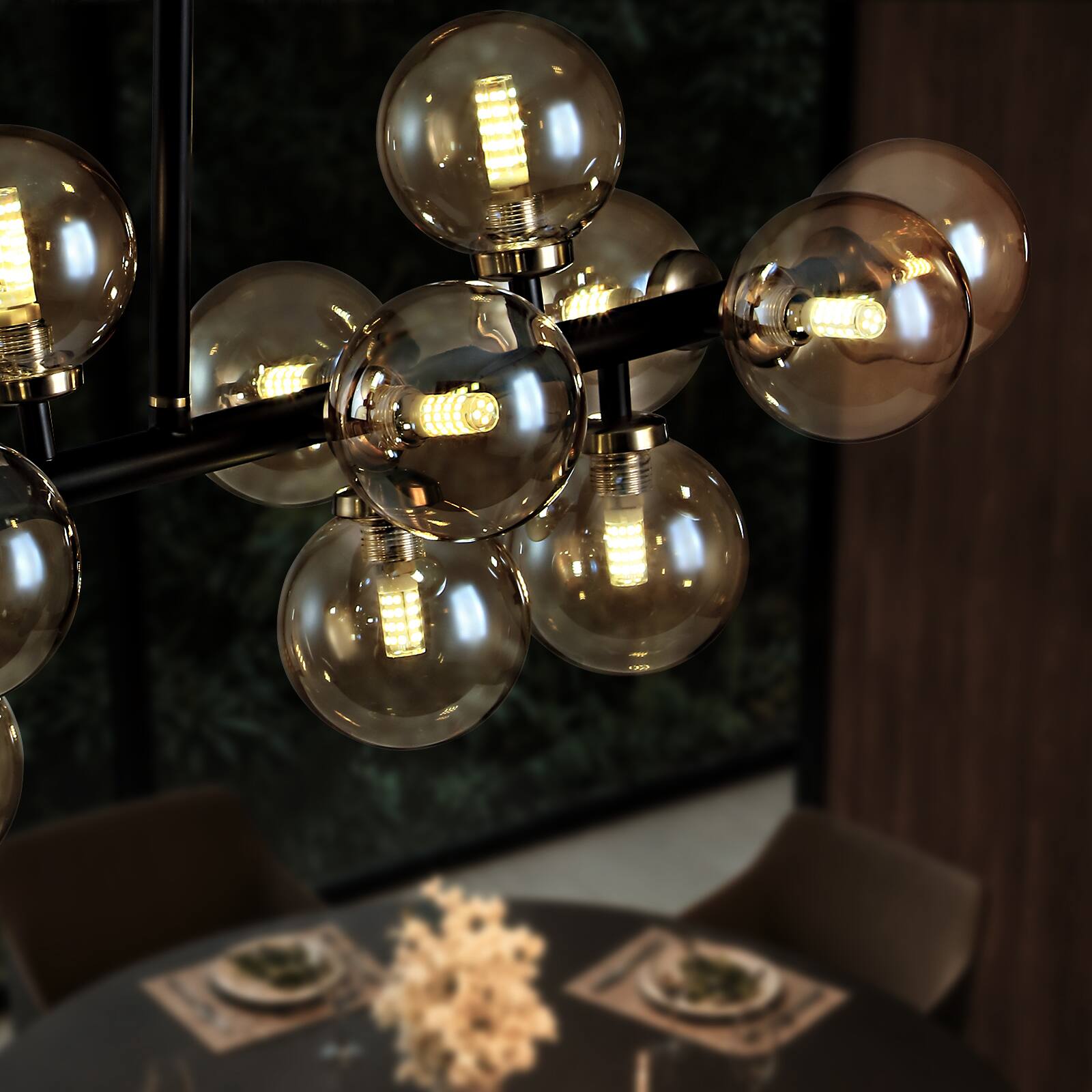 Alt View 2. Siljoy - 39.4In Black Gold 16-Light Linear Sputnik Chandelier Adjustable Amber Glass Pendant for Dining Kitchen Living Room - amber.