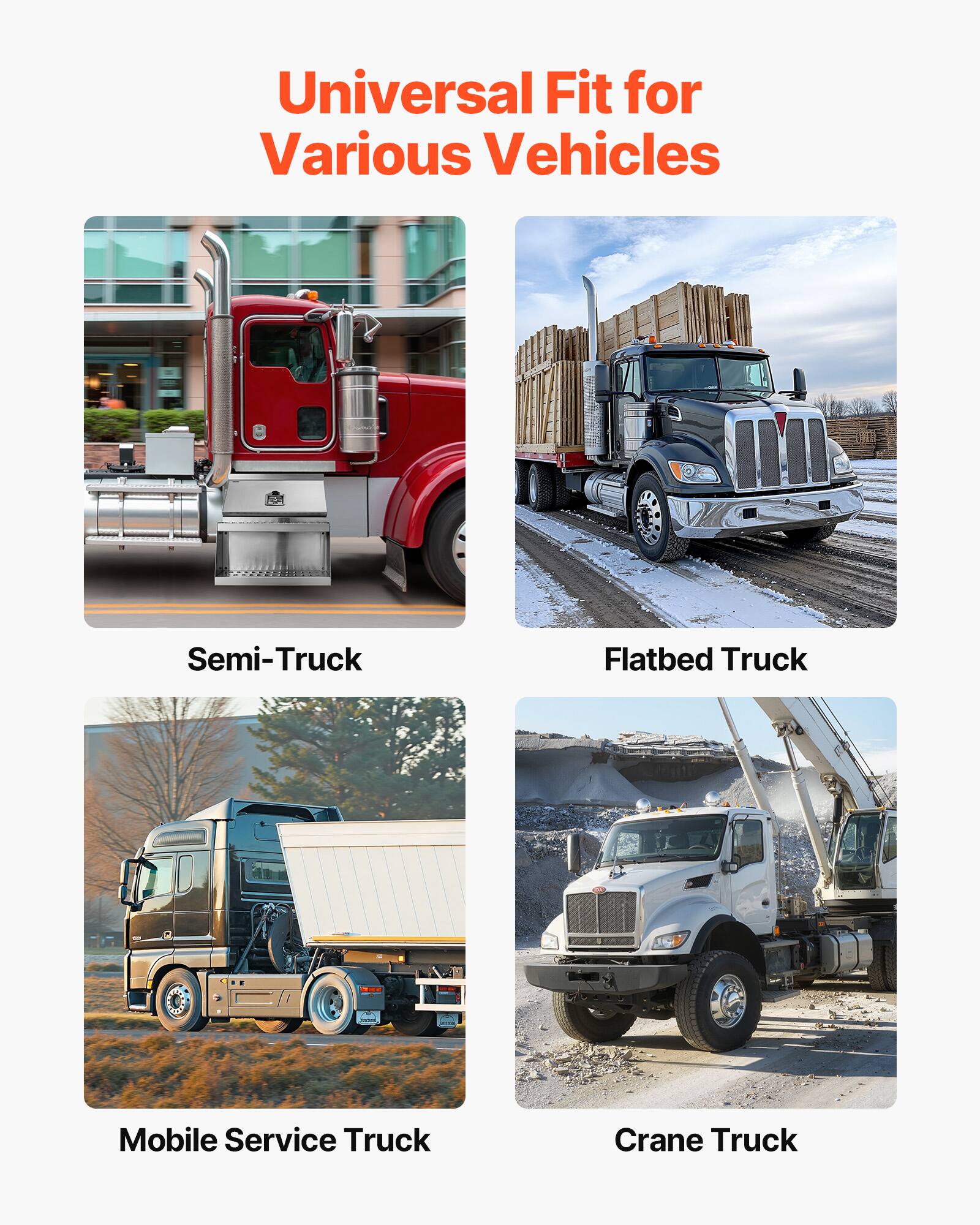 Universal Fit for Various Vehicles

- Semi-Truck
- Flatbed Truck
- Mobile Service Truck
- Crane Truck