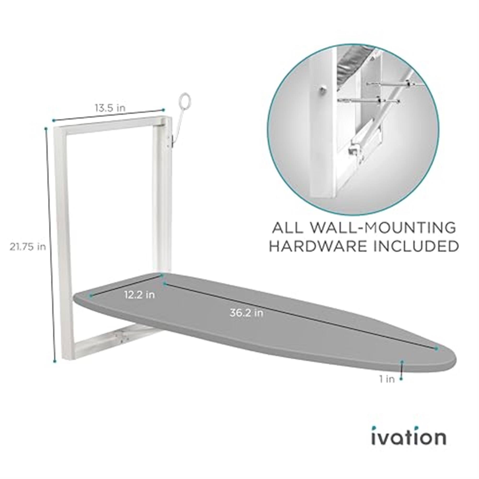 13.5 in, 21.75 in, ALL WALL-MOUNTING HARDWARE INCLUDED, 12.2 in, 36.2 in, 1 in, ivation