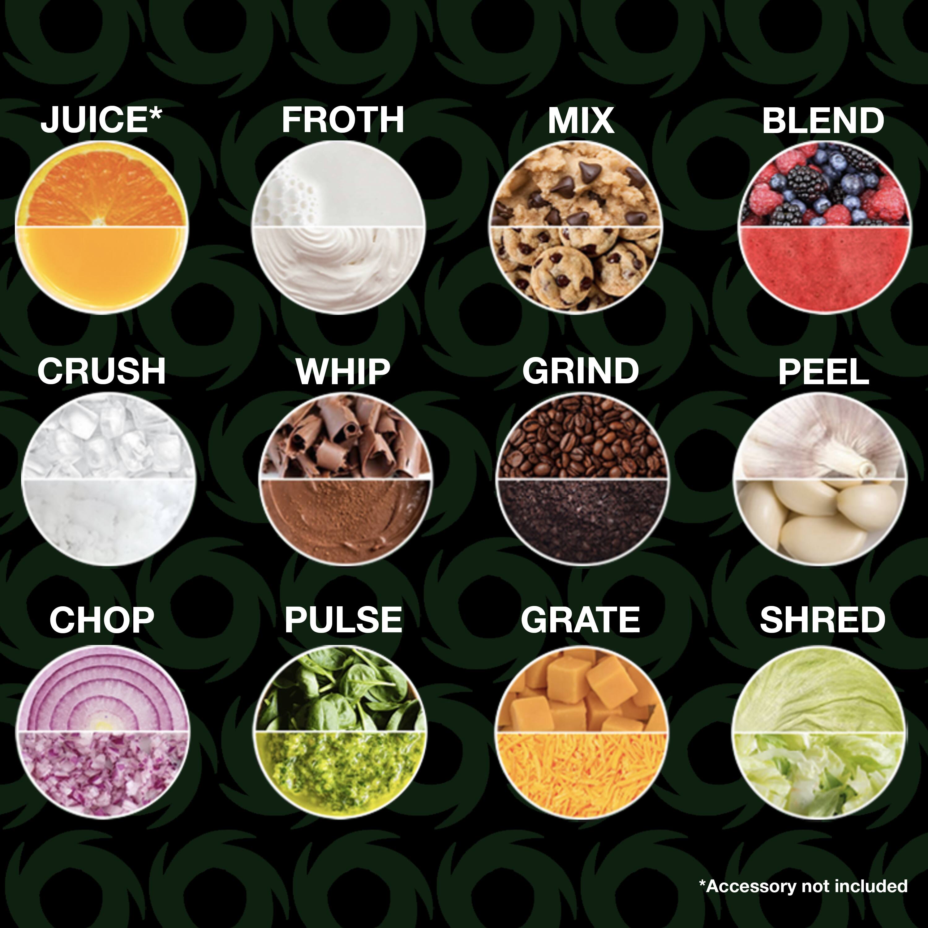 - JUICE*
- FROTH
- MIX
- BLEND
- CRUSH
- WHIP
- GRIND
- PEEL
- CHOP
- PULSE
- GRATE
- SHRED

*Accessory not included